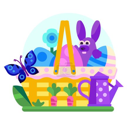 Téléchargez les illustrations : Panier de Pâques en osier de printemps avec lapin et œufs. Panier de pique-nique décoré avec fleur fleurie, arrosoir et légumes. - en licence libre de droit