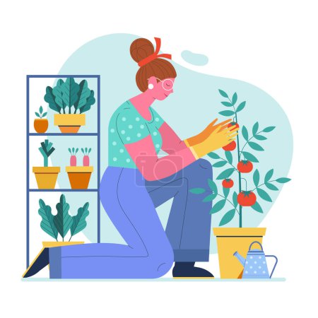 Illustration for Woman growing veggies and leaf green plants. Modern girl planting vegetables. Spring farming and gardening scene with young lady planting tomatoes. - Royalty Free Image