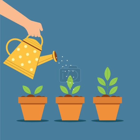 Illustration for Hand holding polka dot yellow watering can watering young green plants in clay pots and seedlings. Growing plants spring gardening scene with sprouts and sprinkler. - Royalty Free Image