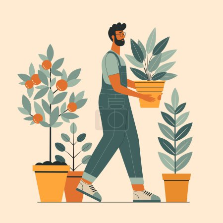 Illustration for Gardener man carrying plant in pot. Male wearing garden overall holding houseplant in flowerpot. Guy with fruit tree gardening concept. - Royalty Free Image