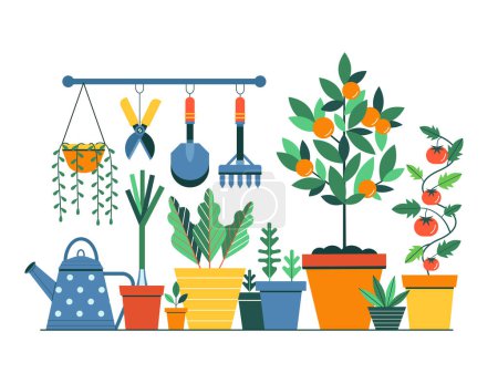 Gartengestaltung mit Obstbäumen, Gemüsepflanzen und Kräutern in bunten Töpfen, Gießkanne und Gartengeräten, die auf einem Regal hängen. Frühjahrsgärtnern und Pflanzen wachsen Öko-Bauernhof-Konzept.