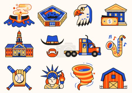 Illustration for USA icons collection with popular landmarks and symbols. United States icon set of american cultural elements such as architectural monuments, tourist attractions, natural wonders and sports. - Royalty Free Image