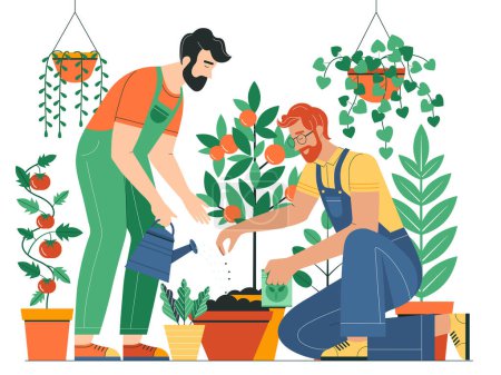 Illustration for Gay couple in overalls working in garden together, planting and watering plants in pots. Happy two men friends taking care of vegetable plants in urban garden. Spring gardening concept. - Royalty Free Image