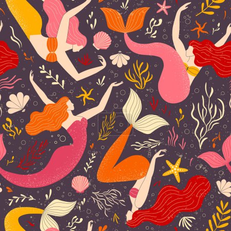 Illustration for Dancing mermaids marine pattern in vintage colors. Fairy tale underwater folkloric mermaid girls seamless background with seaweeds, algae, starfishes and shells. - Royalty Free Image