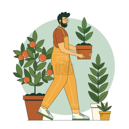 Illustration for Gardener man carrying plant in pot. Male wearing garden overall holding houseplant in flowerpot. Guy with fruit tree gardening concept in line art. - Royalty Free Image