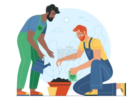 Pareja gay en overoles trabajando juntos en el jardín, plantando y regando. Felices dos hombres amigos cuidando árboles en el jardín urbano. Concepto de jardinería de primavera.