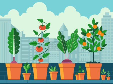 Illustration for Vegetables growing in clay pots on balcony urban garden with city skyline on background. Various potted veggies on outdoor city terrace. Sustainable urban agriculture or community farming concept. - Royalty Free Image
