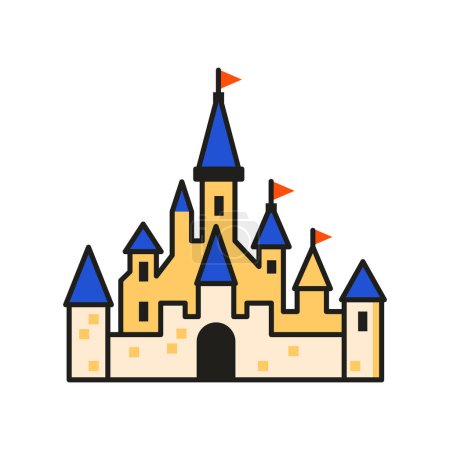 Illustration for Fairytale castle icon. Fantasy magic kingdom stronghold in flat design. Medieval castle illustration. - Royalty Free Image