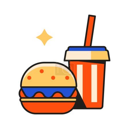 Illustration for Hamburger and drink icon in flat design. American burger fast food sandwich with red paper cup and straw. - Royalty Free Image