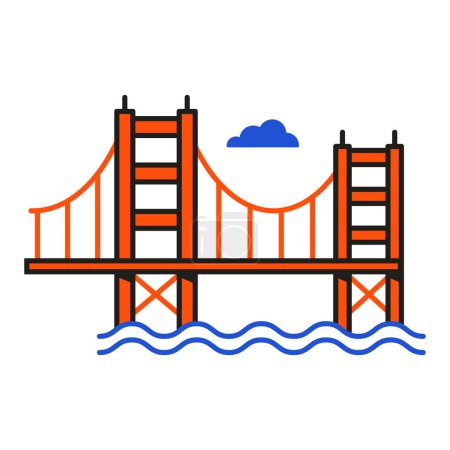 Téléchargez les illustrations : Icône de pont rouge au design plat inspiré du pont Golden Gate. - en licence libre de droit