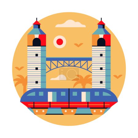 Ilustración de Isla parque de Singapur inspirado icono círculo o emblema con monorriel en estilo plano. Hito arquitectónico moderno asiático y símbolo famoso con tren de línea de metro. - Imagen libre de derechos