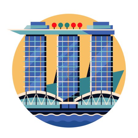 Illustration for Singapore Marina Bay Sands inspired circle icon or emblem in flat geometric style. Asian modern architectural landmark and famous symbol. - Royalty Free Image