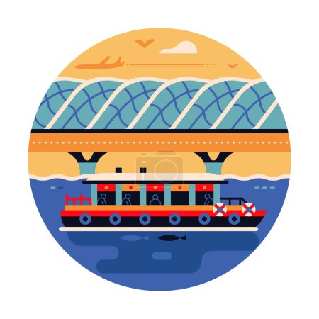 Illustration for Singapore Helix bridge inspired circle icon or emblem with tourist boat in flat style. Asian modern architectural landmark and famous symbol. - Royalty Free Image