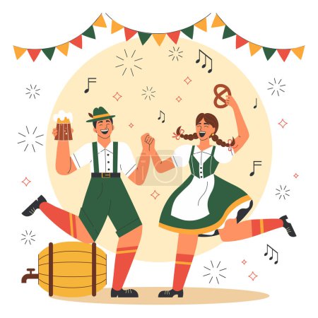 Illustration for Bavarian happy couple in traditional German clothing holding beer and dancing with pretzel. Germany festive Oktoberfest scene with man in hat and woman smiling. - Royalty Free Image