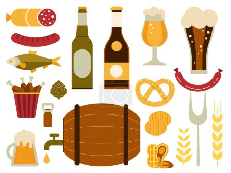 Illustration for Beer and snacks design elements collection. Brewing pub collection with mugs, food and other craft beer brewery symbols. - Royalty Free Image