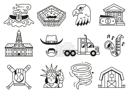 Illustration for USA icons collection with popular landmarks and symbols. United States icon set of american cultural elements such as architectural monuments, tourist attractions, natural wonders and sports. - Royalty Free Image