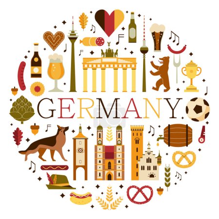 Illustration for Germany travel card with Bavarian and country tourist clip arts. German circle print with vintage design elements collection of landmarks, traditional food and cultural symbols. - Royalty Free Image