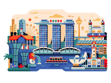 Ilustración de Singapur paisaje urbano con monumentos famosos y símbolos turísticos. Asia moderna ciudad plana escena. Viajes Asia ilustración en diseño plano. - Imagen libre de derechos