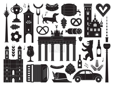Illustration for Germany travel elements collection in black and white. German outline cliparts set of iconic landmarks, traditional food and popular cultural symbols. - Royalty Free Image