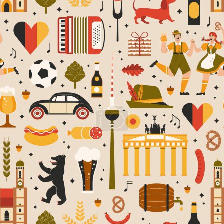 Illustration for Travel Germany pattern with tourist attractions and landmarks. German and Bavarian cultural elements seamless background with beer festival, football and architecture for paper and textile design. - Royalty Free Image