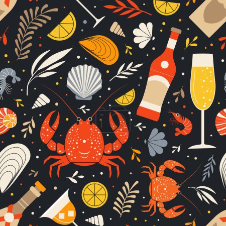 Illustration for Seafood and drinks seamless pattern. Crabs, shrimps, shells, mussels, cocktails, aperitivo, sparkling wine and lemon slices on colorful repeating background. Shellfish and sea food hand drawn design. - Royalty Free Image