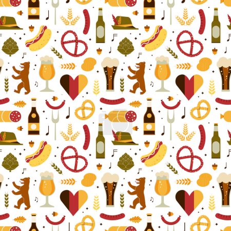 Illustration for Travel Germany October fest pattern with traditional food and drink in line art design. German and Bavarian cultural elements seamless background for paper and textile design. - Royalty Free Image