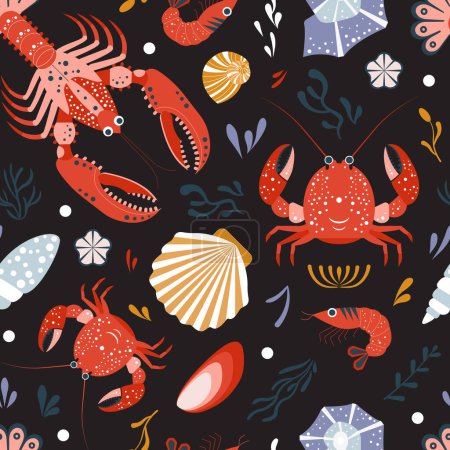 Marine pattern with lobsters or crayfishes, crabs, shrimps, shells and algae. Ocean life and sea creatures, animals and plants. Nautical background for textile, web design, wrapping and all prints.