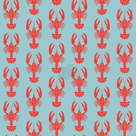 Marine pattern with red lobsters or crustacean crayfishes on blue background. Sea creatures with claws or ocean animals. Nautical background with seafood for textile, fabric, wrapping and all prints.