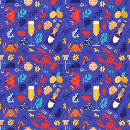 Meeresfrüchte und Getränke nahtlose Muster. Krabben, Garnelen, Muscheln, Cocktails, Aperitivo, Sekt und Zitronenscheiben auf buntem Hintergrund. Handgezeichnetes Design von Schalentieren und Meeresfrüchten.