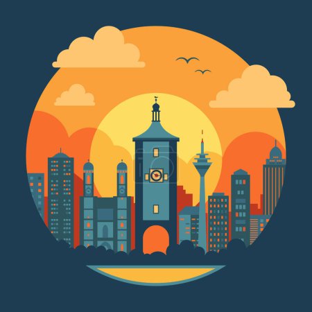 Ilustración de Travel Germany icon with famous landmark inspired by Siebers clock tower on Rothenburg. German city skyline with popular architectural monuments and famous symbols at sunset background. - Imagen libre de derechos