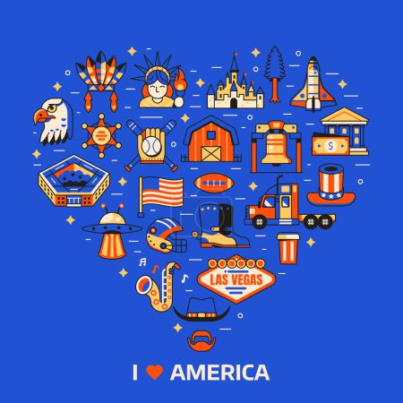 Ilustración de Love USA print con viajes a América atracciones culturales e iconos emblemáticos estilizados en el corazón. Tarjeta del Día de la Independencia Americana con elementos de diseño de Estados Unidos, símbolos nacionales y maravillas naturales. - Imagen libre de derechos