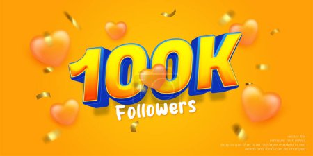 Illustration for 100k followers celebration social media banner with 3d heart balloon yellow background - Royalty Free Image
