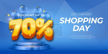 Illustration for Vector banner shopping day vector up to 70% off template with 3D style editable text effect - Royalty Free Image