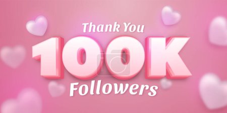 Illustration for Editable text Thank you 100k followers for subscribe with heart balloons on pink theme - Royalty Free Image