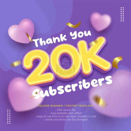 Illustration for Vector purple square celebration banner for 20k followers with design poster or instagram posts - Royalty Free Image