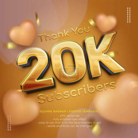 Illustration for Vector gold square celebration banner for 20k followers with design poster or instagram posts - Royalty Free Image