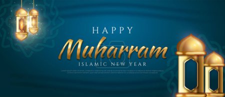 Realistic banner happy muharram and islamic new year
