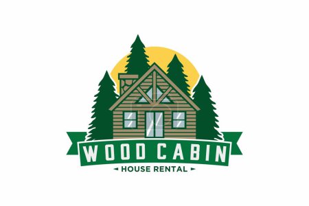 Ilustración de Plantilla de logotipo de cabaña de madera sobre un fondo de pino - Imagen libre de derechos