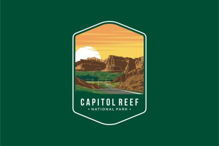Téléchargez les illustrations : Capitol Reef National Park emblème logo logo illustration sur fond sombre - en licence libre de droit