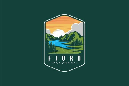 Illustration for Fjord panorama patch logo illustration on dark background - Royalty Free Image