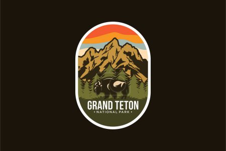 Ilustración de Grand Teton National Park Emblema logotipo del parche ilustración sobre fondo oscuro - Imagen libre de derechos