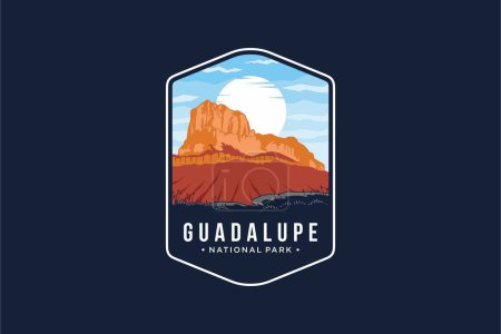 Téléchargez les illustrations : Montagnes Guadalupe emblème du parc national patch logo illustration sur fond sombre - en licence libre de droit