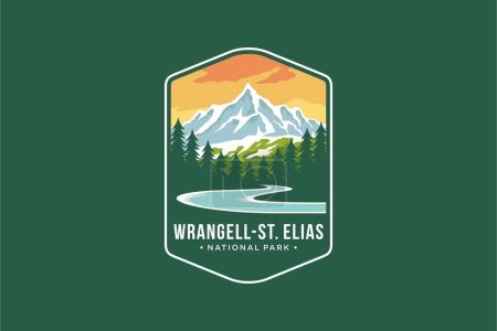 Ilustración de Ilustración del logotipo del parche del emblema de WrangellSt. Parque Nacional Elías y Conservación sobre fondo oscuro - Imagen libre de derechos