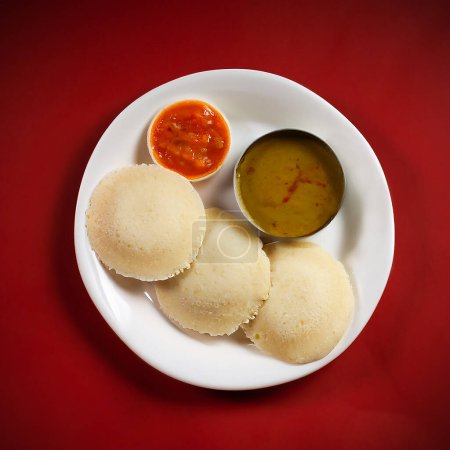 Idli with sambar and chutney. breakfast food in Southern India on plate on table. isolated on dark red background. View from above.