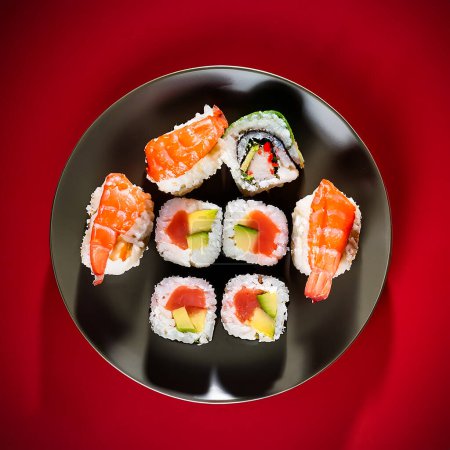 Sushi comida japonesa en el plato en la mesa. aislado sobre fondo rojo. Vista desde arriba. imagen de enfoque selectivo. 
