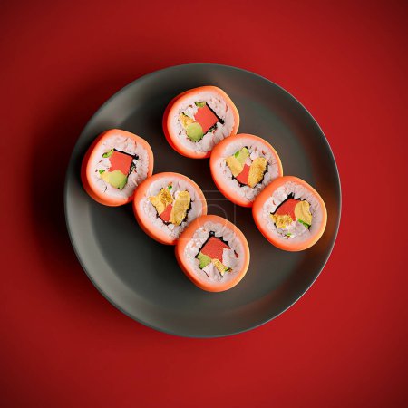 Sushi Japanese food on plate on table. isolated on red background. View from above. selective focus image. 