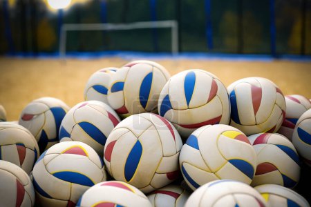 Huge pile of Volleyballs. blurred playground background. selective focus image.