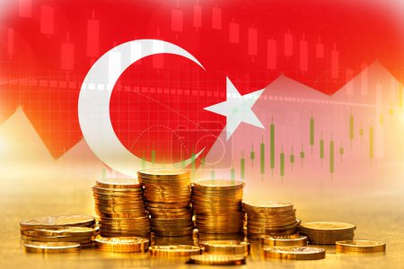 Türkische Flagge mit bunten Goldmünzen. handel konzept illustration plakatgestaltung