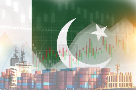 Pakistan flag with containers in ship. trade graph concept illustrate poster design