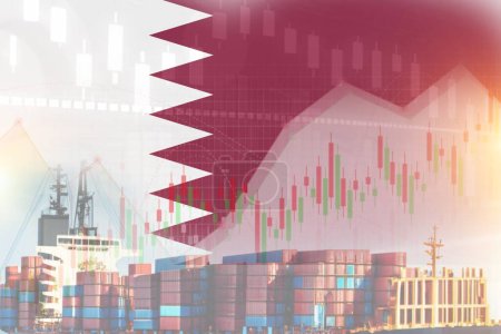 Foto de Bandera de Qatar con contenedores en barco. concepto de gráfico comercial ilustrar diseño de póster. - Imagen libre de derechos